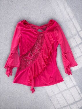 Y2K Pink Ruffle Mesh Top Coquette Studded Princess Blouse